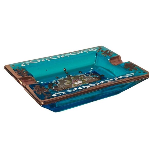Italian Glass Ashtray Ornate Blue Gold Floral Made in Italy Vintage - Picture 4 of 11